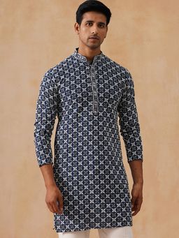 Jompers - Men Blue Embroidered and Sequins Cotton Kurta