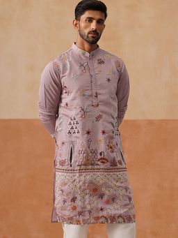 Jompers - Men Purple Embroidered Silk Blend Kurta
