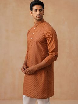Jompers - Men Brown Embroidered Cotton Kurta