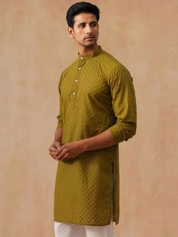 Jompers - Men Olive Embroidered Cotton Kurta