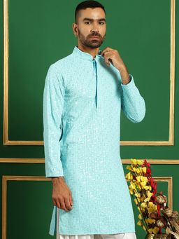 Jompers - Men Blue Cotton Embroidered Straight Kurta
