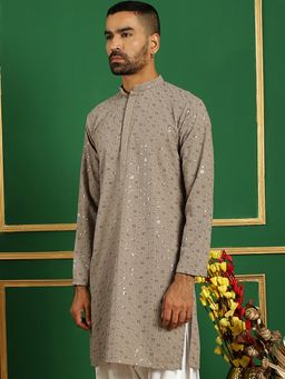 Jompers - Men Grey Cotton Embroidered Straight Kurta