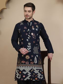 Jompers - Men Navy Blue Embroidered Silk Blend Kurta