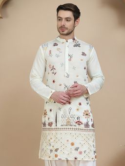 Jompers - Men Off White Embroidered Silk Blend Kurta