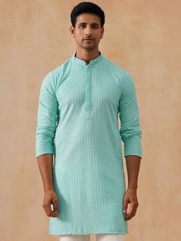Jompers - Men Blue Embroidered and Sequence Rayon Kurta