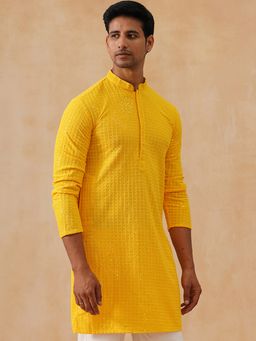 Jompers - Men Yellow Embroidered and Sequence Rayon Kurta