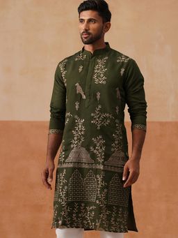 Jompers - Men Olive Embroidered Silk Blend Kurta