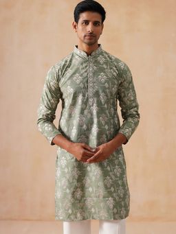 Jompers - Men Green Embroidered Silk Blend Kurta
