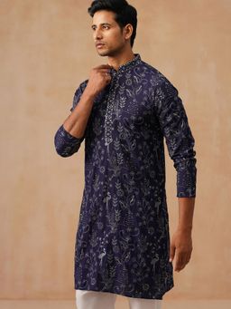 Jompers - Men Navy Blue Embroidered Silk Blend Kurta