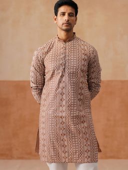 Jompers - Men Brown Geometric Print Silk Blend Straight Kurta