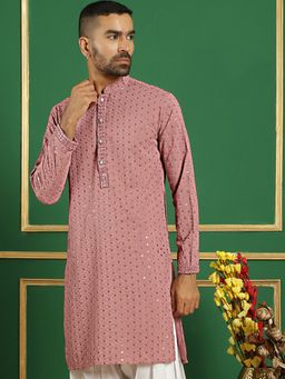 Jompers - Men Pink Cotton Embroidered Straight Kurta