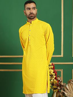 Jompers - Men Yellow Cotton Embroidered Straight Kurta