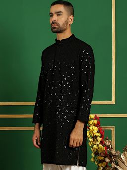 Jompers - Men Black Viscose Rayon Embroidered Straight Kurta