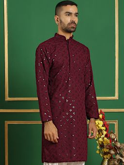 Jompers - Men Purple Viscose Rayon Embroidered Straight Kurta