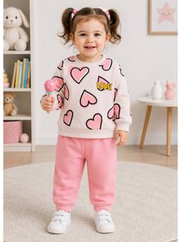Bumzee - Beige And Peach Girls Full Sleeves Cotton Sweatshirt And Joggers