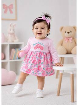 Bumzee - Pink Girls Full Sleeves Cotton Knee Length Frock