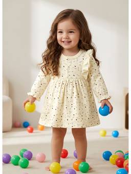 Bumzee - Cream Girls Full Sleeves Cotton Frock / Dress