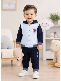 Bumzee - Navy And Grey Boys Full Sleeves Cotton Hoodie With Pant