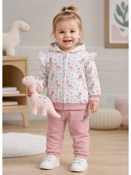 Bumzee - White And Peach Girls Full Sleeves Cotton Hoodie With Pant