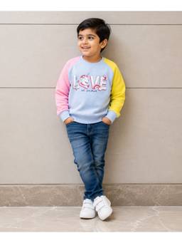 Bumzee - Girls Sky Blue Raglan Sleeves Round Neck Sweatshirt