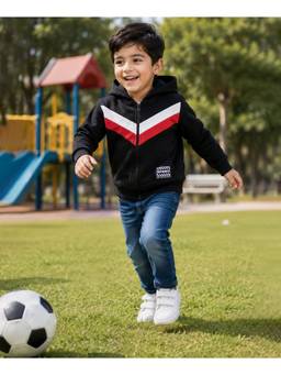 Bumzee - Black Boys Full Sleeves Hooded Zipper Sweatshirt