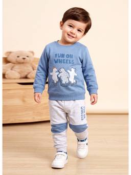 Bumzee - Blue And Grey Melange Boys Full Sleeves Cotton T-Shirt And Joggers