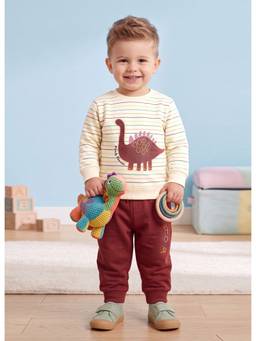 Bumzee - Cream And Rust Boys Full Sleeves Cotton T-Shirt And Joggers
