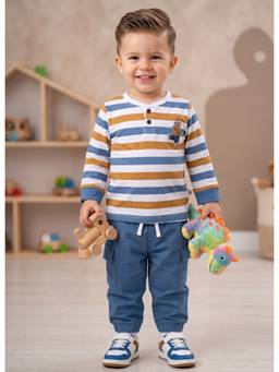 Bumzee - White And Blue Boys Full Sleeves Cotton T-Shirt And Joggers
