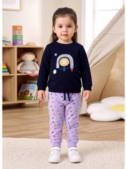 Bumzee - Navy And Lavender Girls Full Sleeves Cotton T-Shirt And Joggers