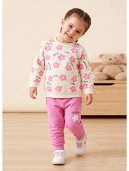 Bumzee - Cream And Pink Girls Full Sleeves Cotton T-Shirt And Joggers