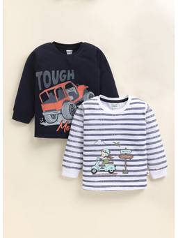 Bumzee - Navy And White Boys Full Sleeves Cotton T-Shirt (Pack Of 2)