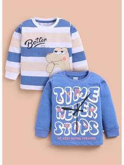 Bumzee - Blue And White Boys Full Sleeves Cotton T-Shirt (Pack Of 2)