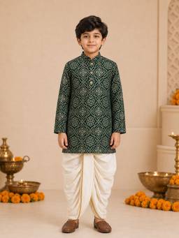 Vastramay - Bottle Green Rayon Bandhni Thigh Length Kurta And Dhoti