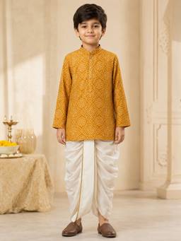 Vastramay - Mustard Rayon Bandhni Thigh Length Kurta And Dhoti