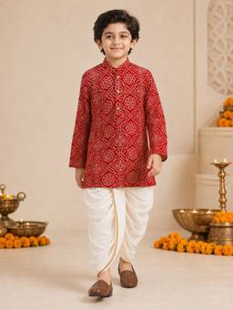 Vastramay - Red Rayon Bandhni Thigh Length Kurta And Dhoti