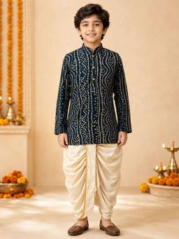 Vastramay - Blue Rayon Bandhni Thigh Length Kurta And Dhoti