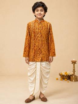 Vastramay - Mustard Rayon Bandhni Thigh Length Kurta And Dhoti