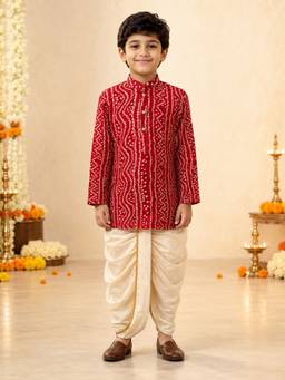 Vastramay - Red Rayon Bandhni Thigh Length Kurta And Dhoti
