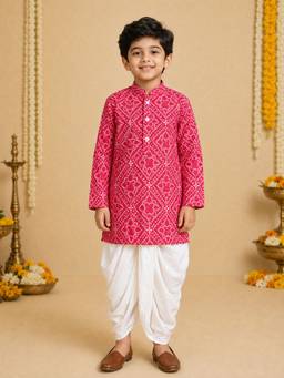Vastramay - Red Cotton Bandhni Thigh Length Kurta And Dhoti