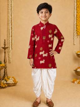Vastramay - Maroon Cotton Printed Thigh Length Kurta And Dhoti