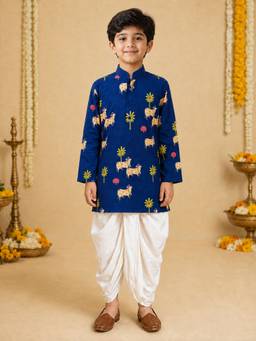 Vastramay - Navy Blue Cotton Block Print Thigh Length Kurta And Dhoti