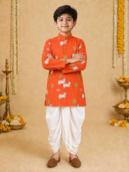 Vastramay - Onion Pink Cotton Printed Thigh Length Kurta And Dhoti