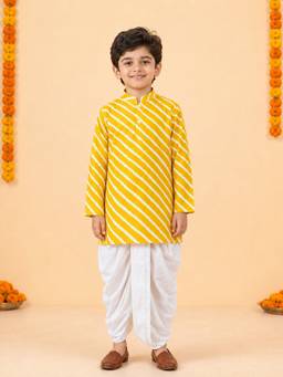 Vastramay - Yellow Cotton Striped Thigh Length Kurta And Dhoti