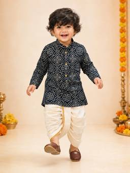 Vastramay - Blue Rayon Bandhni Thigh Length Kurta And Dhoti