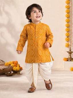 Vastramay - Mustard Rayon Bandhni Thigh Length Kurta And Dhoti