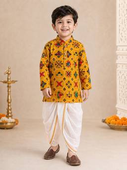 Vastramay - Mustard Rayon Ikkat Thigh Length Kurta And Dhoti