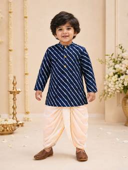 Vastramay - Navy Blue Rayon Striped Thigh Length Kurta And Dhoti