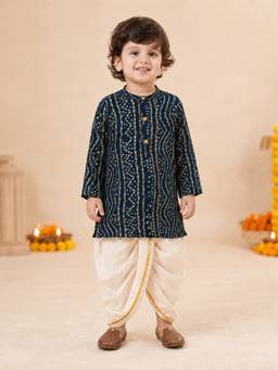 Vastramay - Blue Rayon Bandhni Thigh Length Kurta And Dhoti