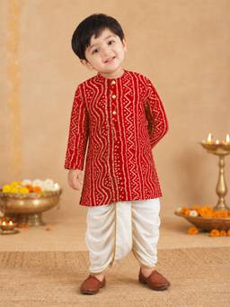 Vastramay - Red Rayon Bandhni Thigh Length Kurta And Dhoti