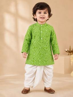 Vastramay - Green Cotton Bandhni Thigh Length Kurta And Dhoti